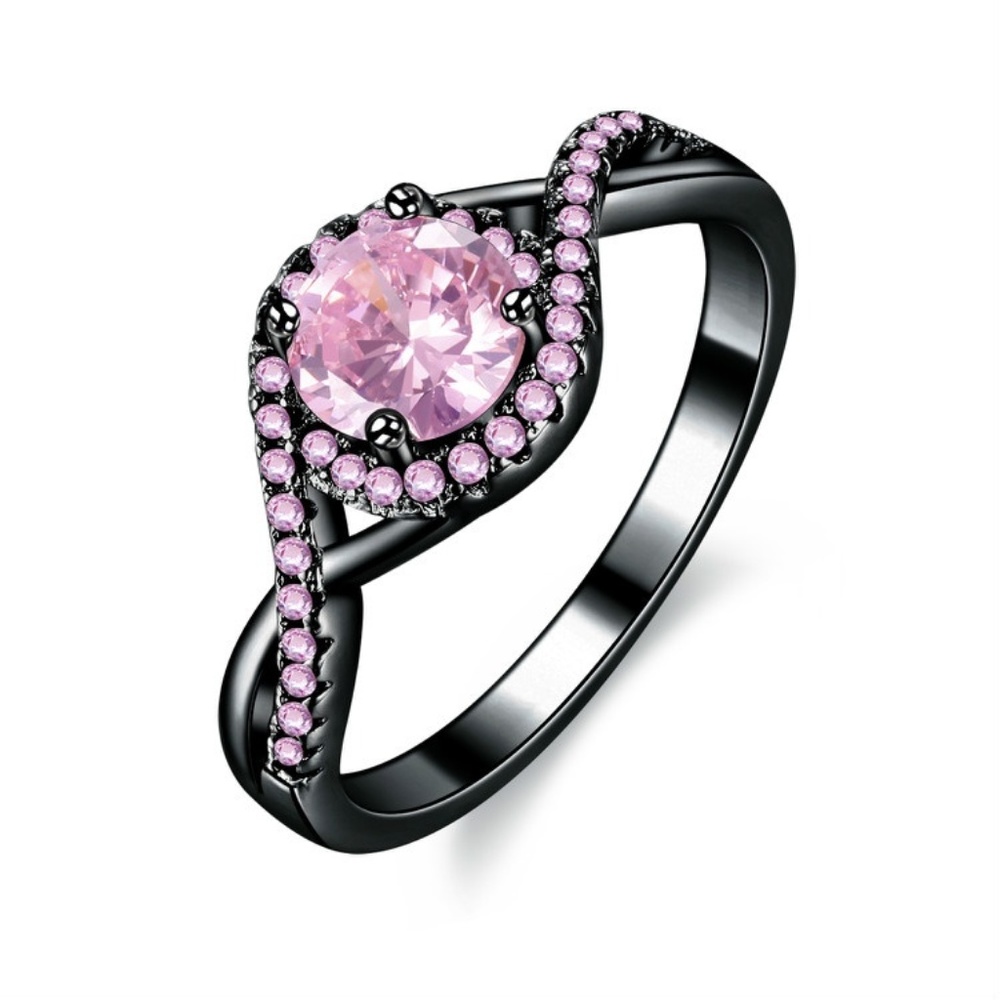 Black Rhodium & pink CZ swirl ring Size 6-9 1005